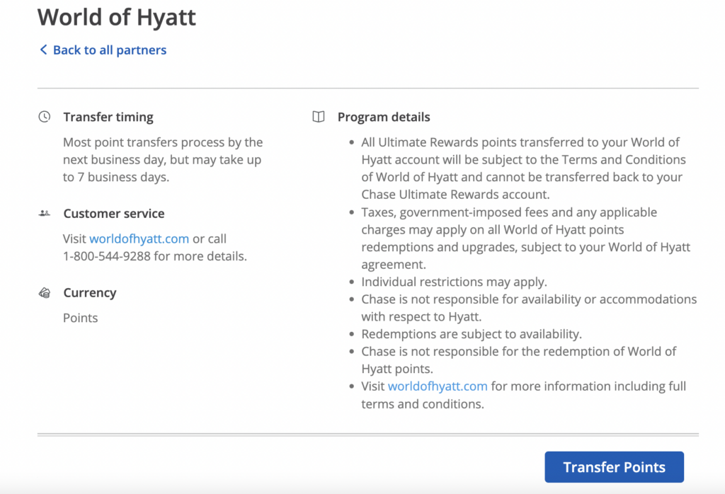 Screenshot of Hyatt transfer screen