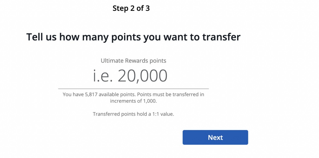Screenshot of points transfer