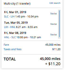 Screenshot showing the price in points for a roundtrip flight to Hawaii including a stopover in Honolulu.