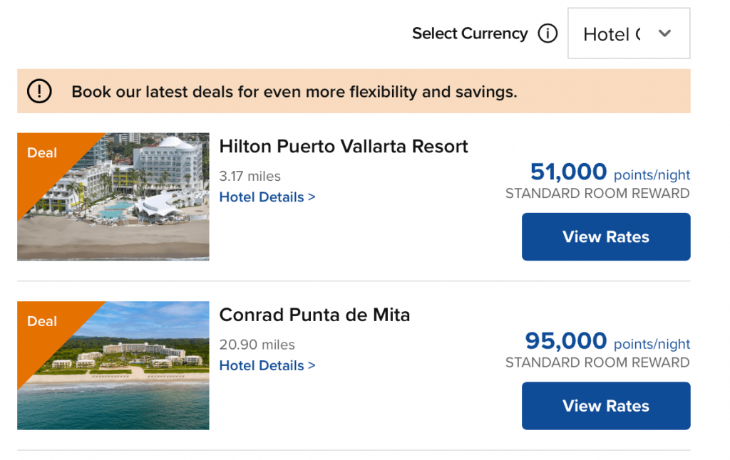 Screenshot of Hilton Hotel award redemption near Puerto Vallarta