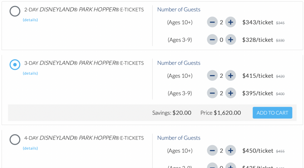 Screenshot Disneyland Ticket prices