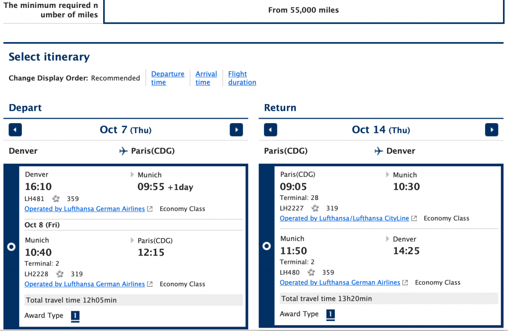 Screenshot award flights to Paris