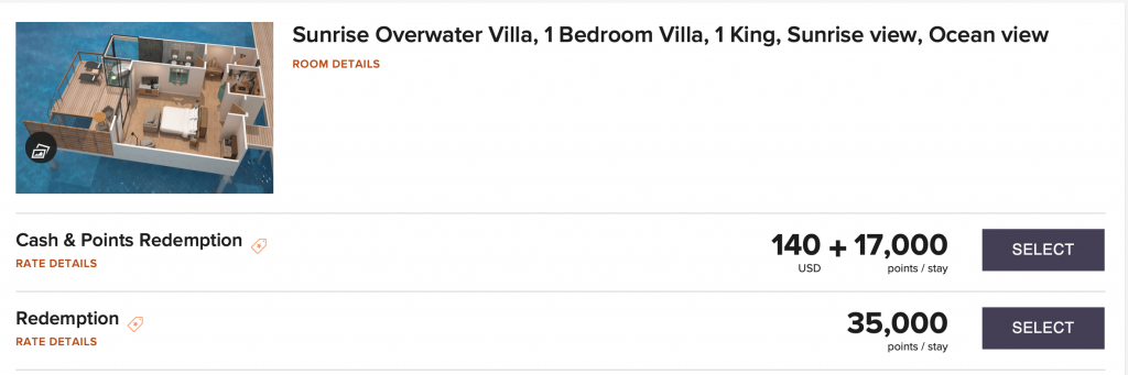 Screenshot of overwater villa cost with points
