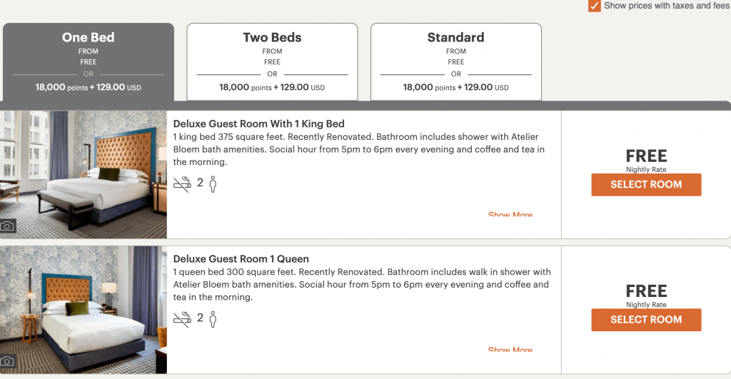 Screenshot Hotel Room Redemption Costs