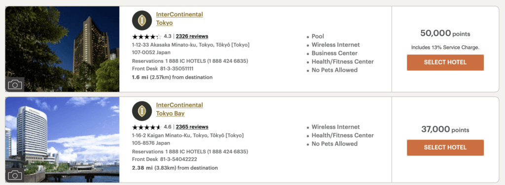 Screenshot of hotel prices