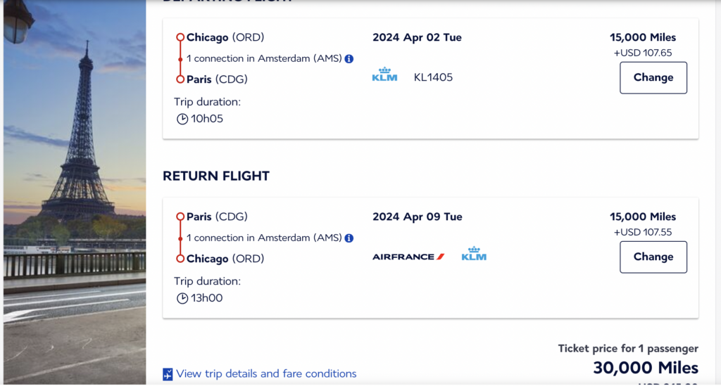 Screenshot of Air France ticket - 75k American Express Membership Rewards can get you two round trip flights to Paris! 