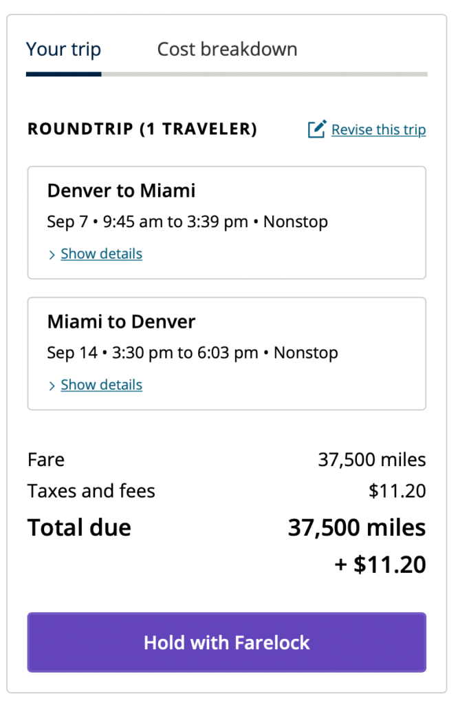 Screenshot of airline flight costs with points