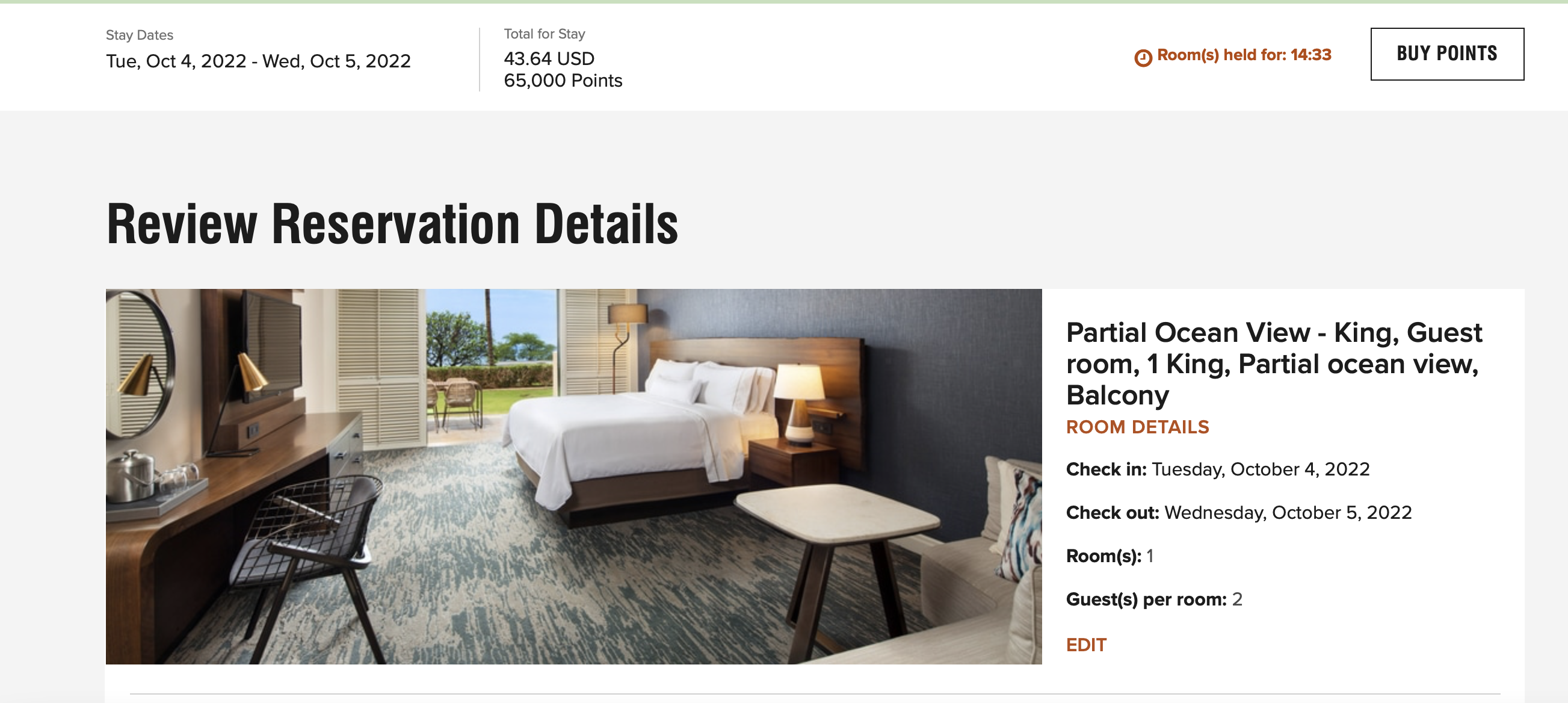 Screenshot of hotel room costs