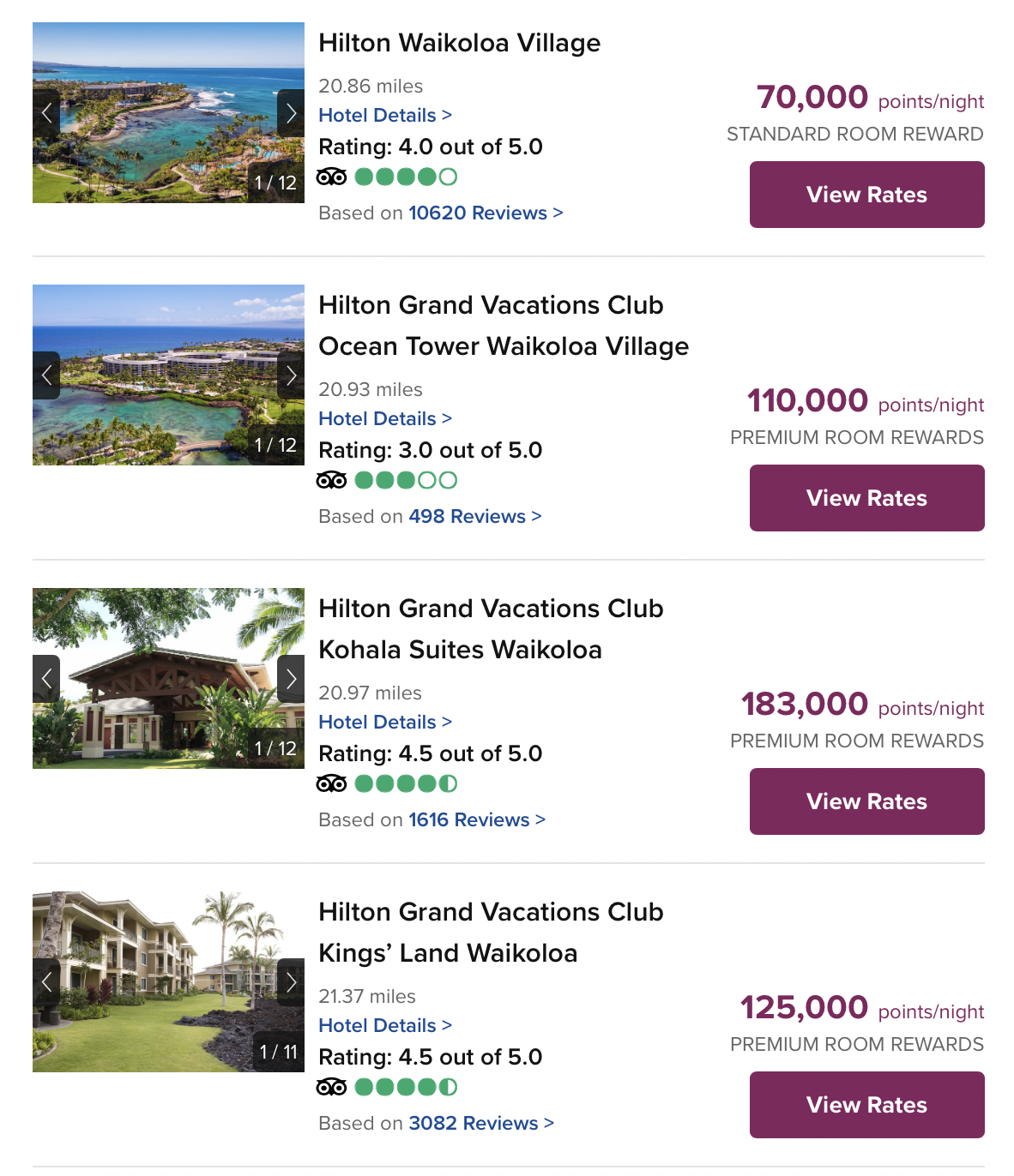 Screenshot Hilton hotel costs with points