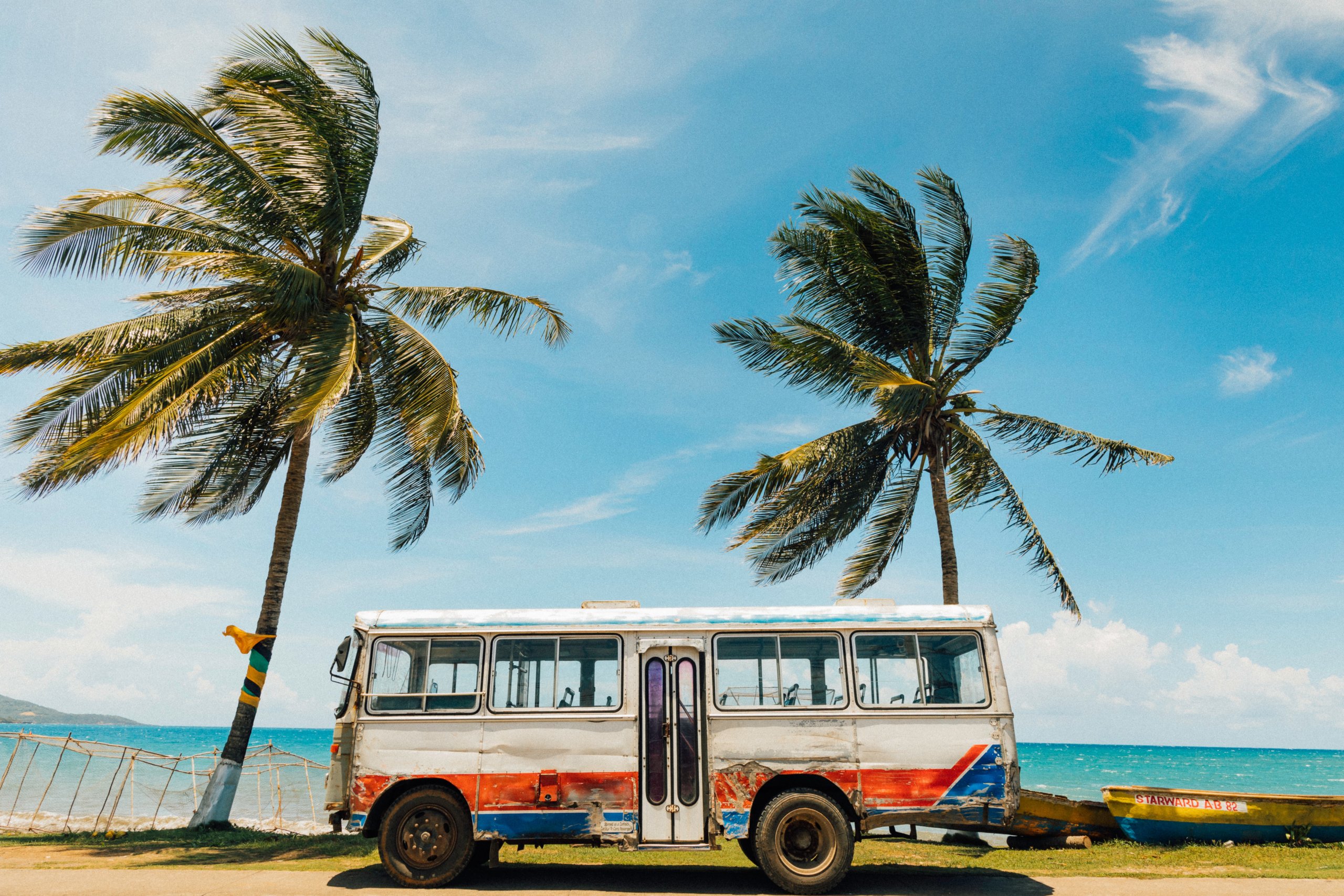 Colorful buss by palm trees