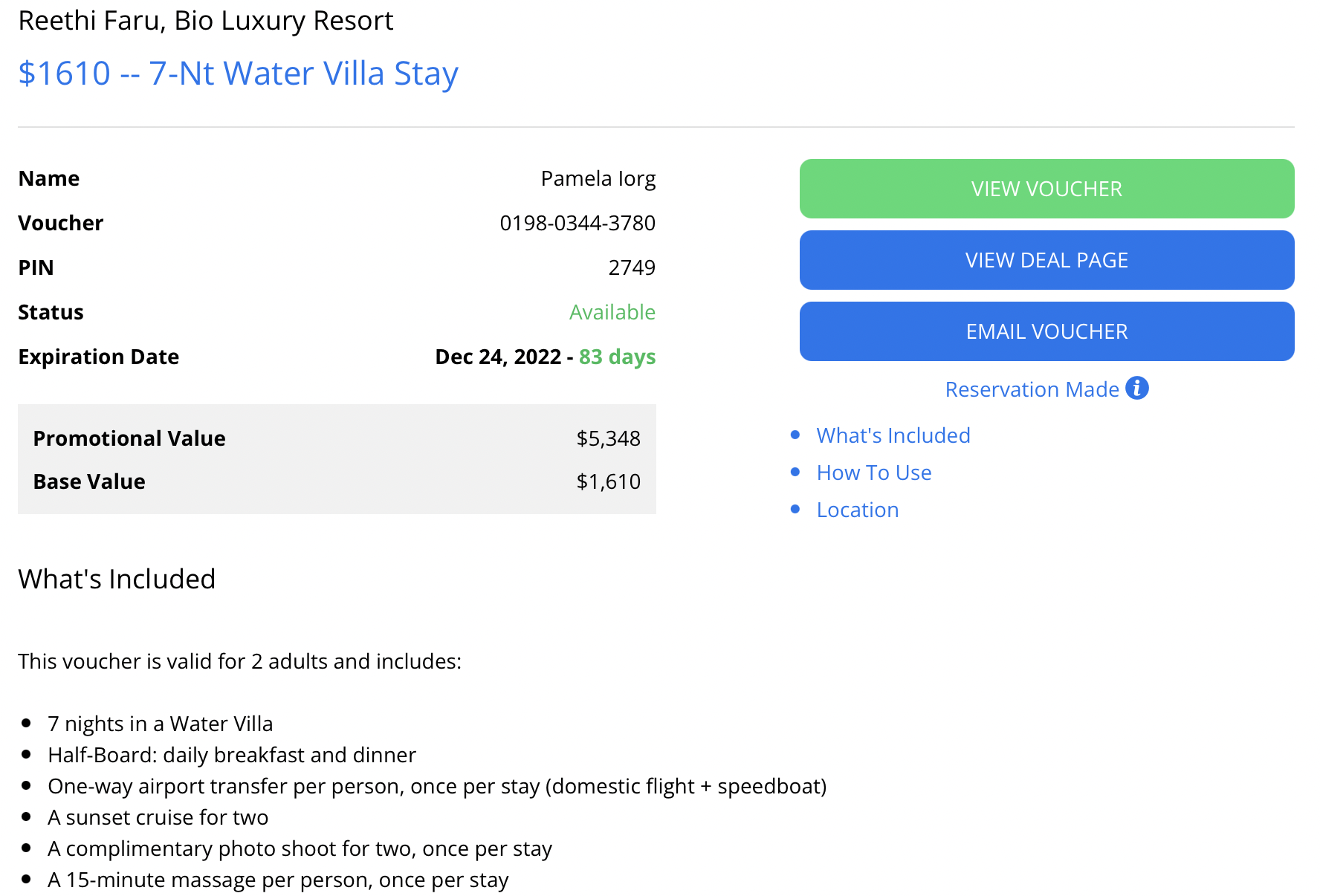 Screenshot of resort voucher details