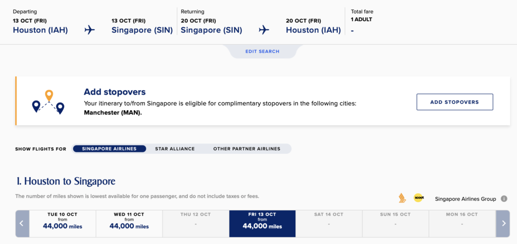 Screenshot of Singapore Airlines Award redemptions