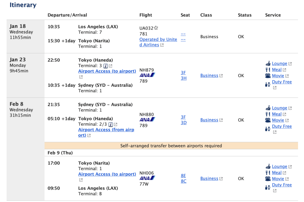 Screenshot ANA flight itinerary