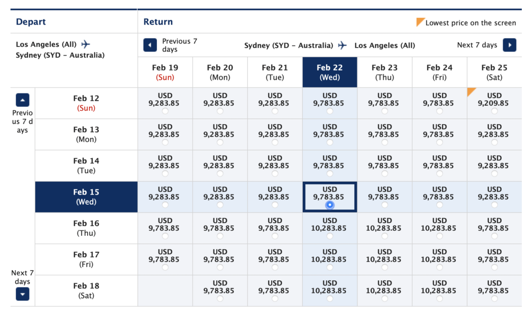 Screenshot of ANA business class prices.