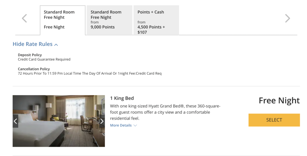 Screenshot of hotel room's prices