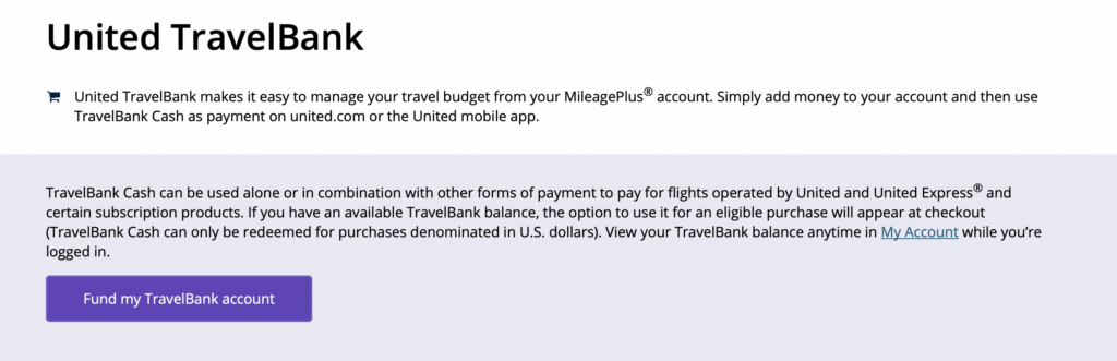 screenshot of Travel Bank area on United Airlines site