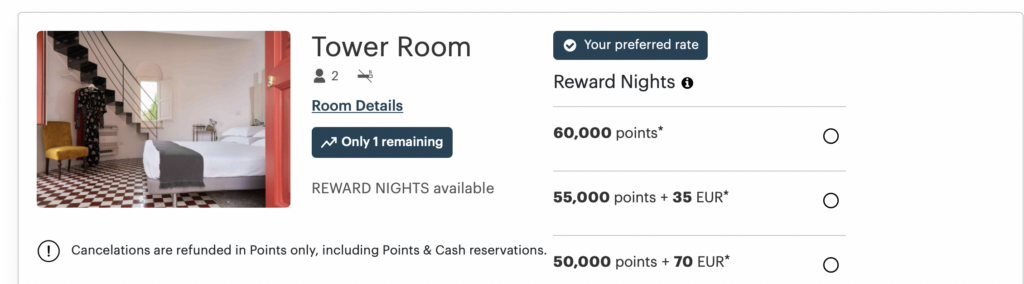 screenshot of Mr. and Mrs. Smith hotel costs in points