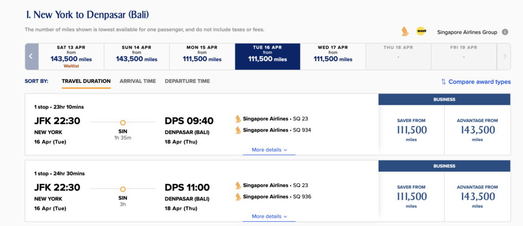 Screenshot Singapore Airlines business flights to Bali