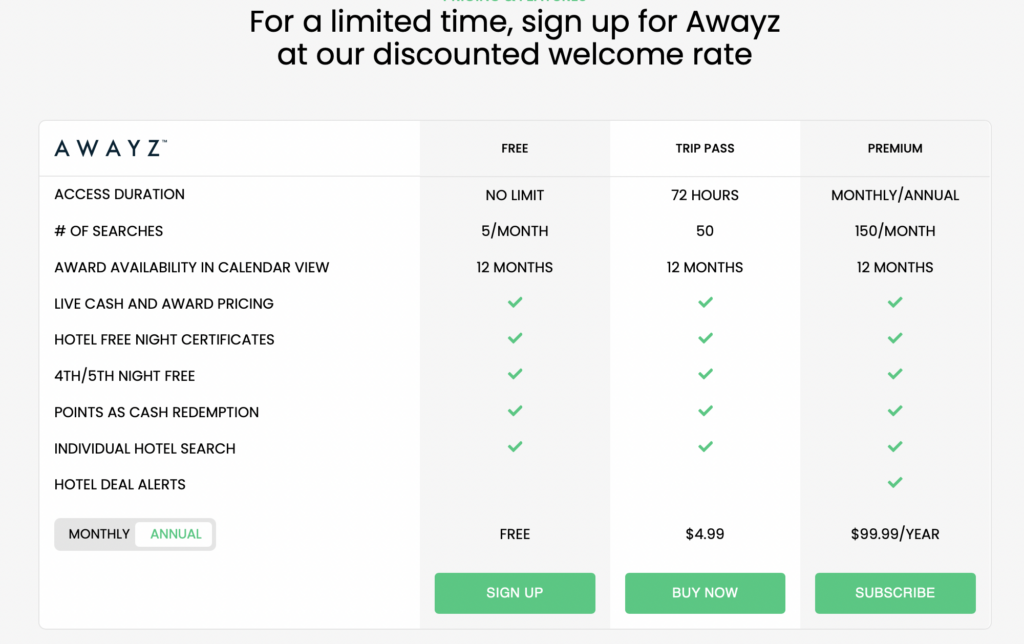 Screenshot of AWAYZ pricing plans