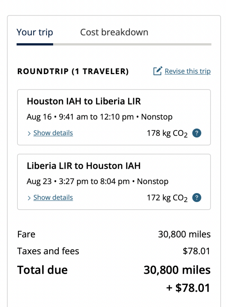 Screenshot United flight Dallas - Liberia, Costa Rica