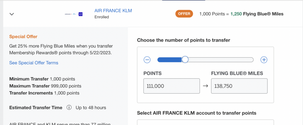 Screenshot transferring AMEX points to Air France
