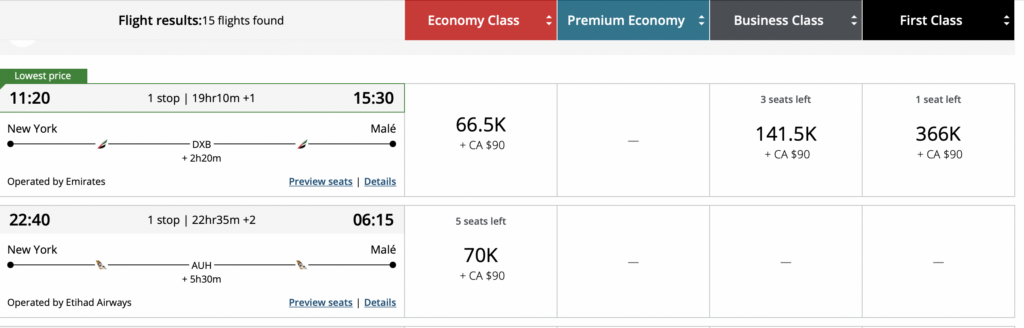 Aeroplane Canada screenshot of award seat prices