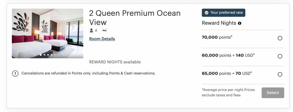 Screenshot hotel cost In points