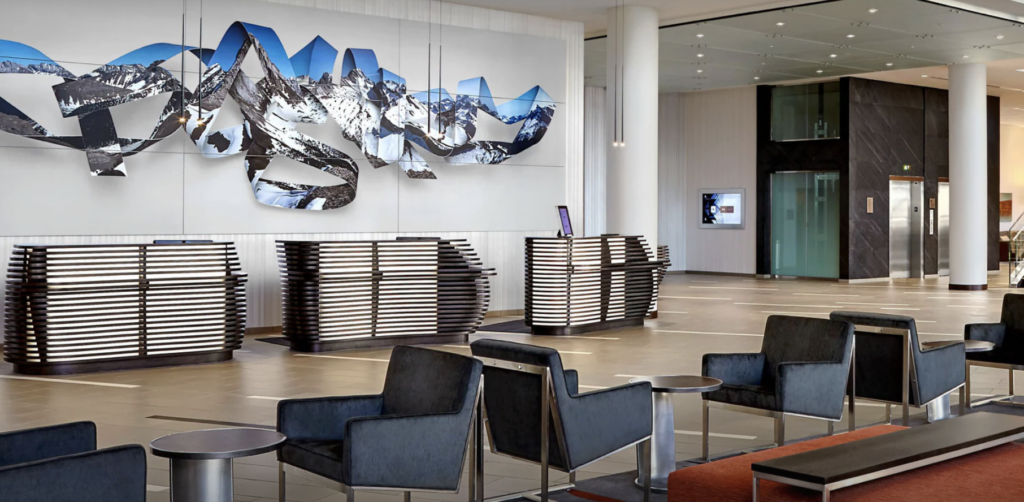 Hotel lobby with blue wall sculpture