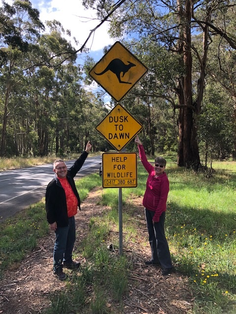 Man and woman pointing to yellow signs