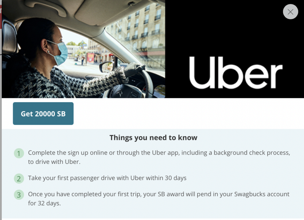 Screenshot of Uber offer on Swagbucks