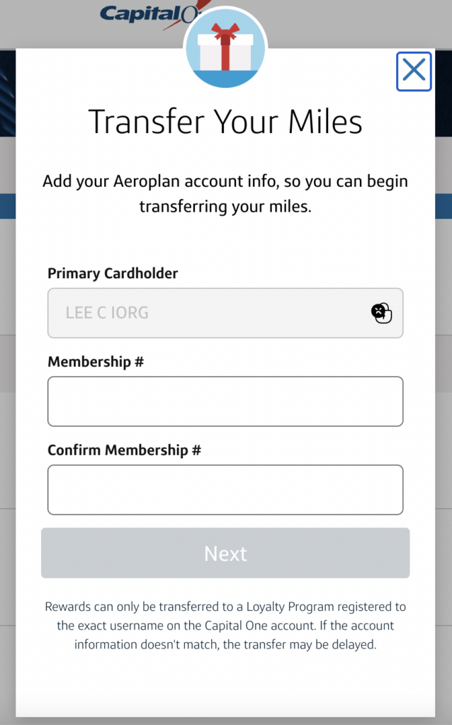 Screenshot of Capital One site for transfer miles to partner
