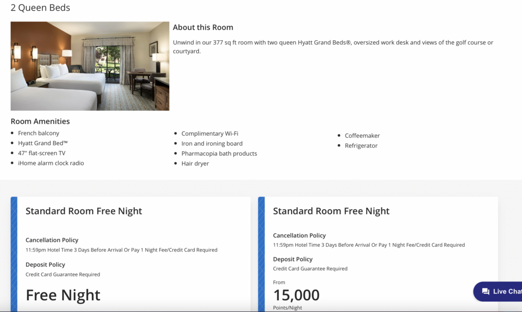 screenshot Hyatt hotel award costs