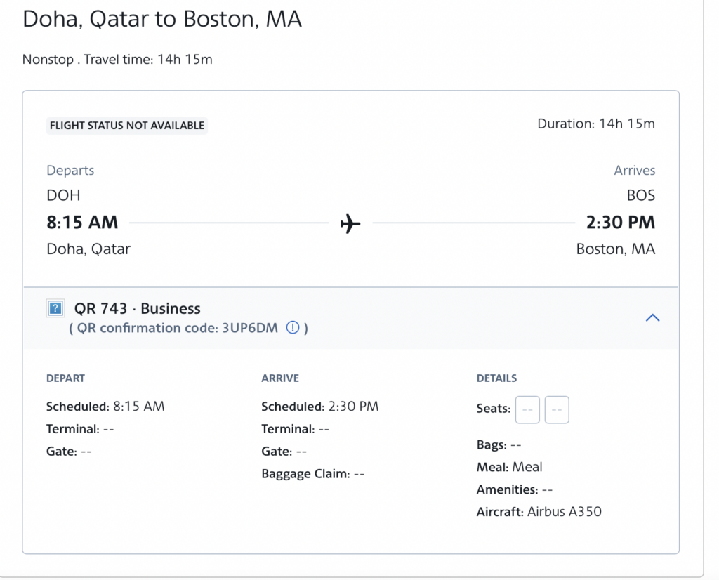Screenshot flight on Qatar Airways to Boston