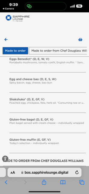 Screenshot food to order in Chase Sapphire Lounge Boston