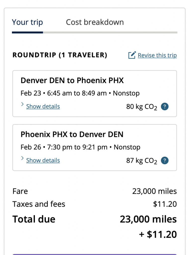 Screenshot United flights to Phoenix