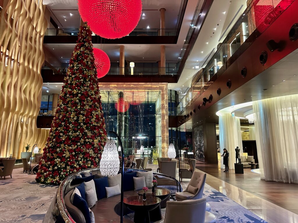 Lobby of hotel with Christmas tree