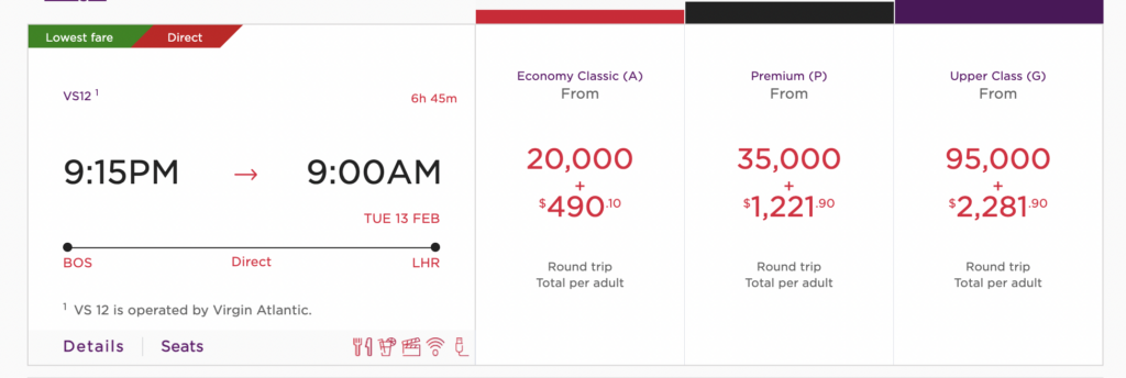 Screenshot Virgin Atlantic Boston - London miles prices