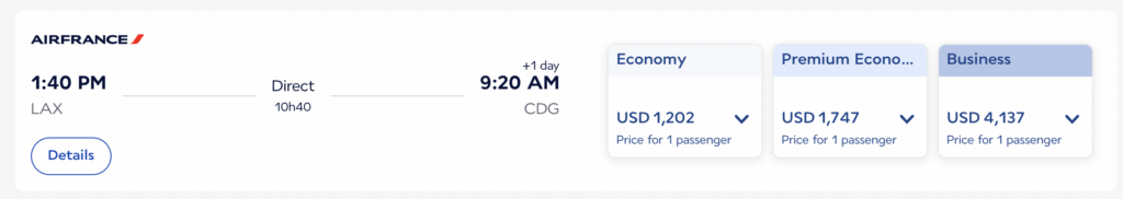 screenshot of flight cost LAX-CDG