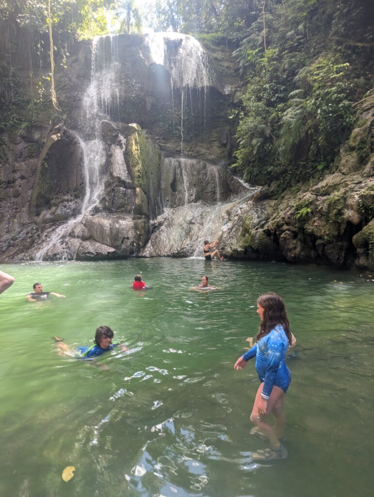 Family swimming near waterfalls