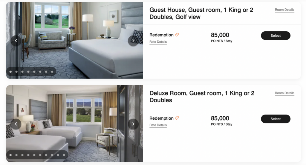 Screenshot of hotel room prices