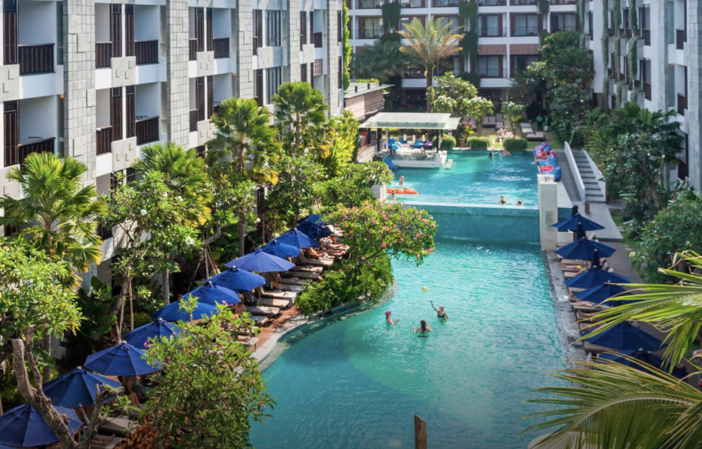 Hotel buildings on sides of pool