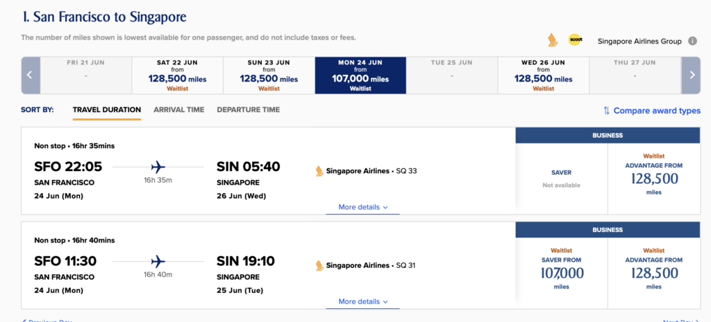 Screenshot of Singapore Airlines waitlisted flights