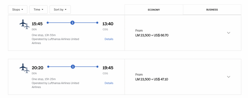Screenshot of flights from Denver to Paris