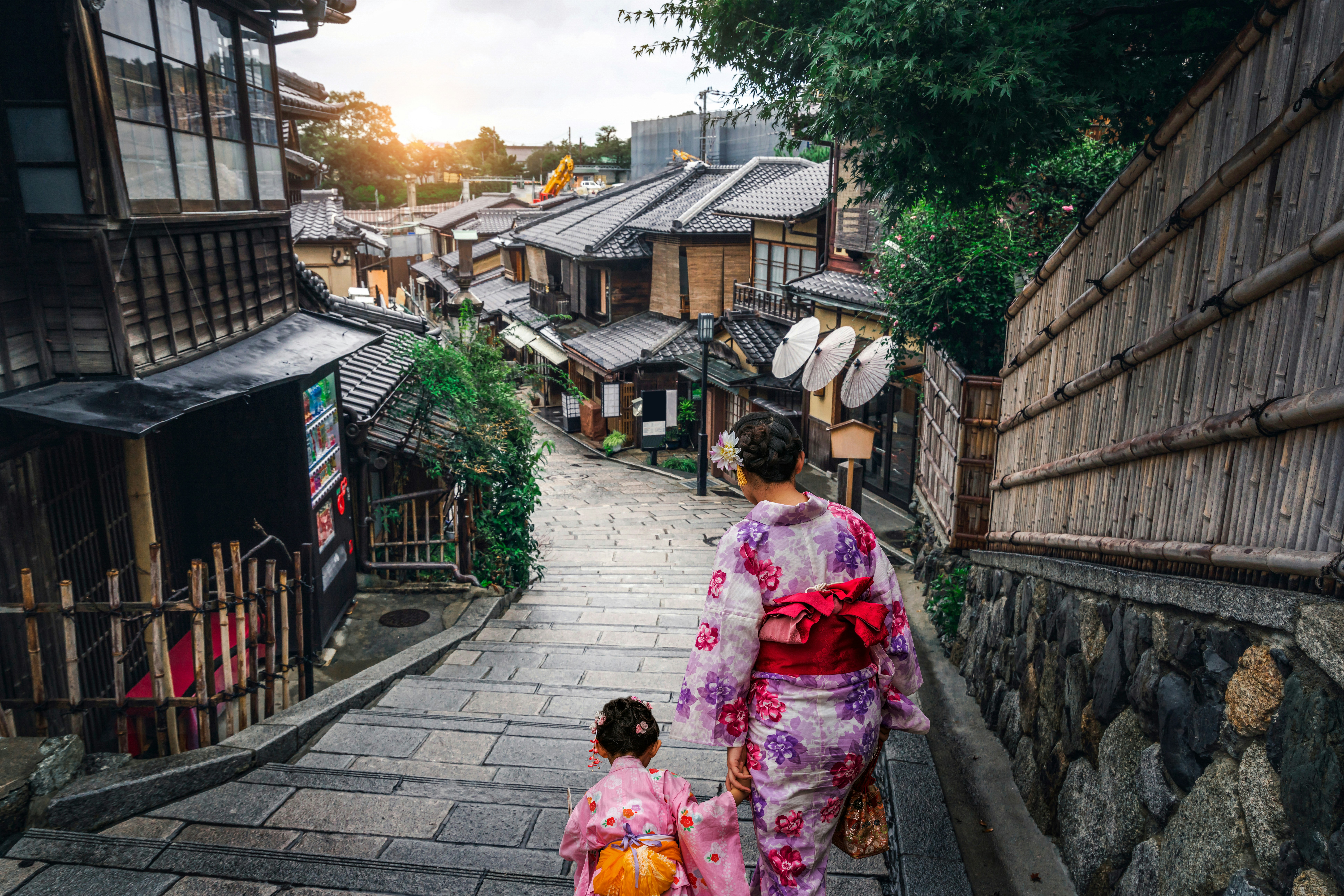 woman and young girl walking on Japanese street