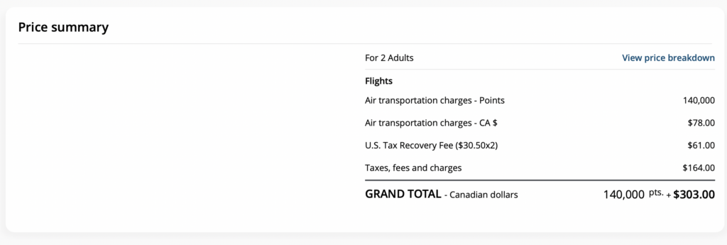Screenshot flight on Air Canada price in miles