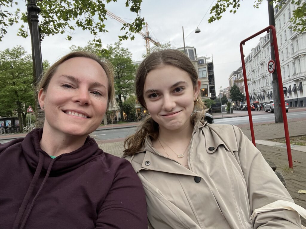 Mom and daughter in city!