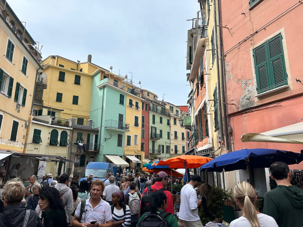 Colorful village with crowds