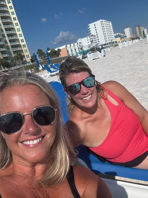 Two women sitting on beach